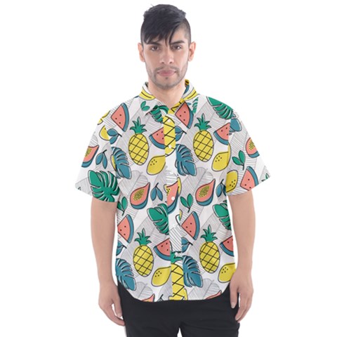 Seamless Pattern Tropical Fruit Banana Watermelon Papaya Lemon Orange Monstera Men s Short Sleeve Shirt by Vaneshart