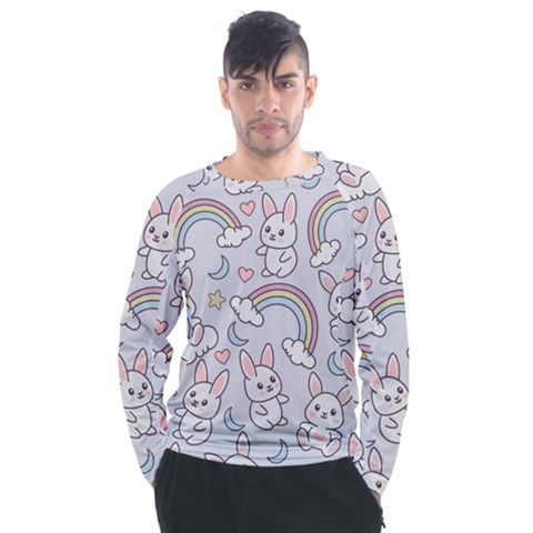 Seamless Pattern With Cute Rabbit Character Men s Long Sleeve Raglan Tee by Vaneshart