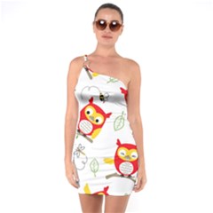 Seamless Pattern Vector Owl Cartoon With Bugs One Soulder Bodycon Dress by Vaneshart