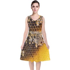 Honeycomb With Bees V-neck Midi Sleeveless Dress  by Vaneshart