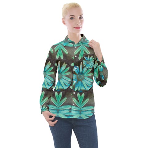 Blue Florals As A Ornate Contemplative Collage Women s Long Sleeve Pocket Shirt by pepitasart