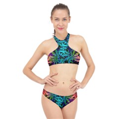 420 Ganja Pattern, Weed Leafs, Marihujana In Colors High Neck Bikini Set by Casemiro