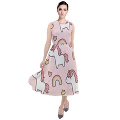 Cute Unicorn Rainbow Seamless Pattern Background Round Neck Boho Dress by Vaneshart