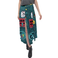 Seamless-pattern-hand-drawn-with-vehicles-buildings-road Velour Split Maxi Skirt by Vaneshart