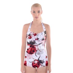 Ladybugs-pattern-texture-watercolor Boyleg Halter Swimsuit  by Vaneshart