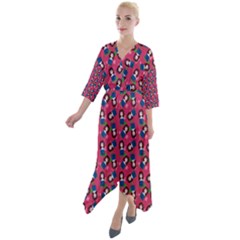 Goth Girl In Blue Dress Pink Pattern Quarter Sleeve Wrap Front Maxi Dress by snowwhitegirl