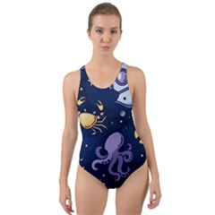 Marine Seamless Pattern Thin Line Memphis Style Cut-out Back One Piece Swimsuit by BangZart