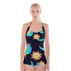 Seamless Pattern With Sun Moon Children Boyleg Halter Swimsuit  by BangZart