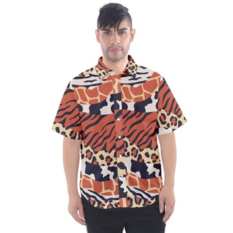 Mixed Animal Skin Print Safari Textures Mix Leopard Zebra Tiger Skins Patterns Luxury Animals Texture Men s Short Sleeve Shirt by BangZart