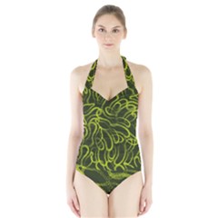 Green Abstract Stippled Repetitive Fashion Seamless Pattern Halter Swimsuit by BangZart