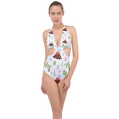 Cute Palm Volcano Seamless Pattern Halter Front Plunge Swimsuit by BangZart