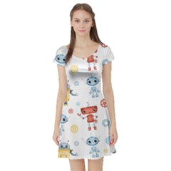 Cute Cartoon Robots Seamless Pattern Short Sleeve Skater Dress by BangZart