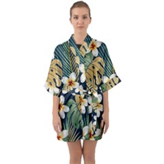 Seamless Pattern With Tropical Flowers Leaves Exotic Background Half Sleeve Satin Kimono  by BangZart