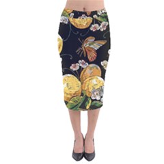 Embroidery Blossoming Lemons Butterfly Seamless Pattern Velvet Midi Pencil Skirt by BangZart