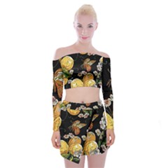 Embroidery Blossoming Lemons Butterfly Seamless Pattern Off Shoulder Top With Mini Skirt Set by BangZart