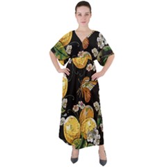 Embroidery Blossoming Lemons Butterfly Seamless Pattern V-neck Boho Style Maxi Dress by BangZart