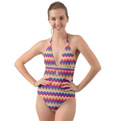 Zigzag Pattern Seamless Zig Zag Background Color Halter Cut-out One Piece Swimsuit by BangZart