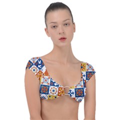 Mexican Talavera Pattern Ceramic Tiles With Flower Leaves Bird Ornaments Traditional Majolica Style Cap Sleeve Ring Bikini Top by BangZart