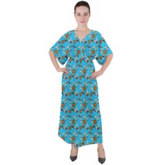 Clown Ghost Pattern Blue V-neck Boho Style Maxi Dress by snowwhitegirl