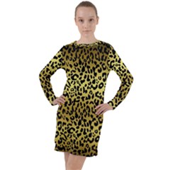 Gold And Black, Metallic Leopard Spots Pattern, Wild Cats Fur Long Sleeve Hoodie Dress by Casemiro