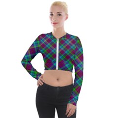 Purple, Green Tartan, Retro Buffalo Plaid Pattern, Classic Tiled Theme Long Sleeve Cropped Velvet Jacket by Casemiro