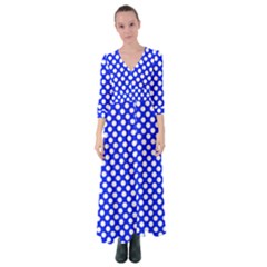 Dark Blue And White Polka Dots Pattern, Retro Pin-up Style Theme, Classic Dotted Theme Button Up Maxi Dress by Casemiro