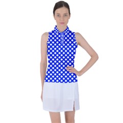 Dark Blue And White Polka Dots Pattern, Retro Pin-up Style Theme, Classic Dotted Theme Women s Sleeveless Polo Tee by Casemiro