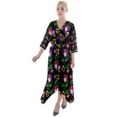 60s Girl Floral Daisy Black Quarter Sleeve Wrap Front Maxi Dress by snowwhitegirl