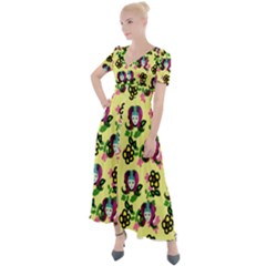 60s Girl Yellow Floral Daisy Button Up Short Sleeve Maxi Dress by snowwhitegirl