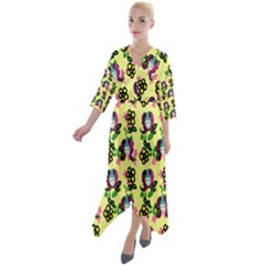 60s Girl Yellow Floral Daisy Quarter Sleeve Wrap Front Maxi Dress by snowwhitegirl