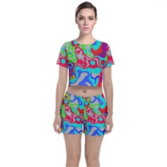 Colorful Distorted Shapes On A Grey Background                                                    Crop Top And Shorts Co-ord Set by LalyLauraFLM