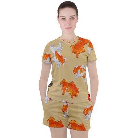 Gold Fish Seamless Pattern Background Women s Tee And Shorts Set by Amaryn4rt