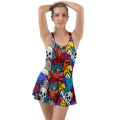 Graffiti Characters Seamless Pattern Ruffle Top Dress Swimsuit by Amaryn4rt