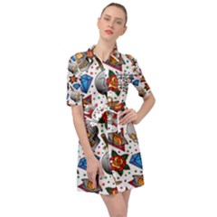 Full Color Flash Tattoo Patterns Belted Shirt Dress by Amaryn4rt