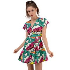 Comic Colorful Seamless Pattern Flutter Sleeve Wrap Dress by Amaryn4rt