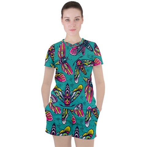 Vintage Colorful Insects Seamless Pattern Women s Tee And Shorts Set by Amaryn4rt