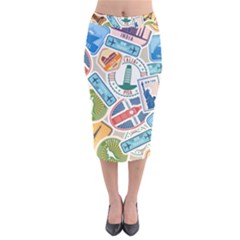 Travel Pattern Immigration Stamps Stickers With Historical Cultural Objects Travelling Visa Immigrant Velvet Midi Pencil Skirt by Amaryn4rt