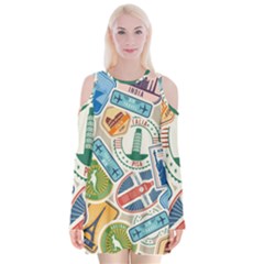 Travel Pattern Immigration Stamps Stickers With Historical Cultural Objects Travelling Visa Immigrant Velvet Long Sleeve Shoulder Cutout Dress by Amaryn4rt