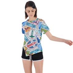 Travel Pattern Immigration Stamps Stickers With Historical Cultural Objects Travelling Visa Immigrant Asymmetrical Short Sleeve Sports Tee by Amaryn4rt