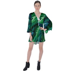 Tropical Green Leaves Background V-neck Flare Sleeve Mini Dress by Amaryn4rt