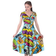 Comic Elements Colorful Seamless Pattern Cap Sleeve Wrap Front Dress by Amaryn4rt