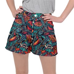 Vintage Tattoos Colorful Seamless Pattern Ripstop Shorts by Amaryn4rt