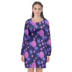 Pink And Blue Flowers Long Sleeve Chiffon Shift Dress  by bloomingvinedesign