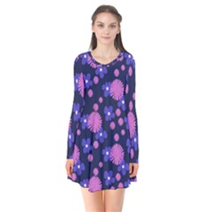 Pink And Blue Flowers Long Sleeve V-neck Flare Dress by bloomingvinedesign