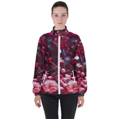 Red Floral Women s High Neck Windbreaker by Sparkle