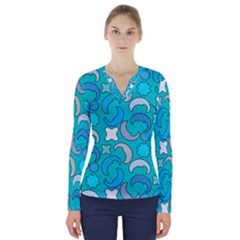 Cloudy Blue Moon V-neck Long Sleeve Top by tmsartbazaar