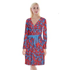 Red And Blue Camouflage Pattern Long Sleeve Velvet Front Wrap Dress by SpinnyChairDesigns