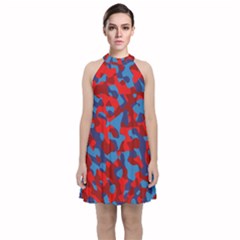 Red And Blue Camouflage Pattern Velvet Halter Neckline Dress  by SpinnyChairDesigns