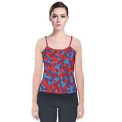 Red And Blue Camouflage Pattern Velvet Spaghetti Strap Top by SpinnyChairDesigns