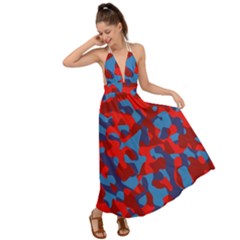 Red And Blue Camouflage Pattern Backless Maxi Beach Dress by SpinnyChairDesigns